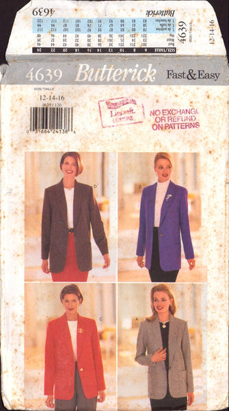 Butterick 4639 Sewing Pattern, Jacket, Size 12-14-16, CUT, COMPLETE