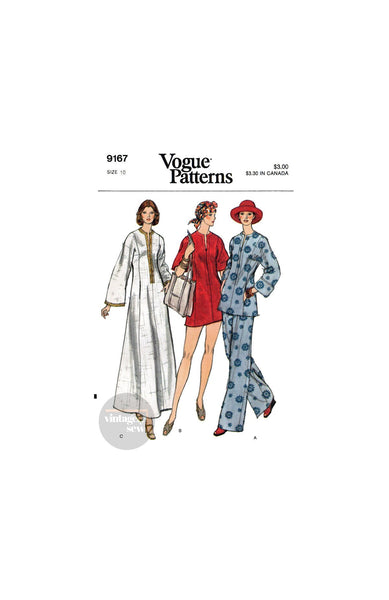 70s Caftan Style Dress in Two Lengths, Top and Pants, Bust 32.5" (83 cm), Vogue 9167, Vintage Sewing Pattern Reproduction