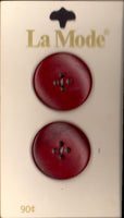 Vintage La Mode 22 mm (approx. 7/8 inch) Carded Burgundy 4-Hole Buttons Two Pieces