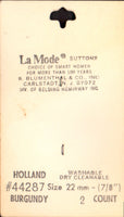 Vintage La Mode 22 mm (approx. 7/8 inch) Carded Burgundy 4-Hole Buttons Two Pieces