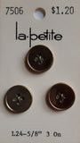 Vintage La Petite 5/8 inch (15 mm) Carded Gold 4-Hole Buttons, Three Pieces