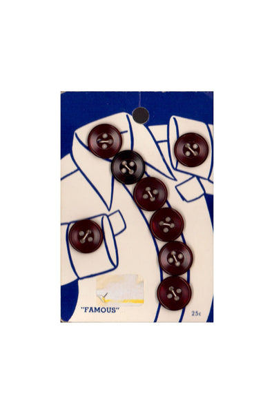 Vintage "Famous" approx. 0.51" (1.3 cm) Carded Dark Red/Brown Transparent 4-Hole Buttons Eight Pieces