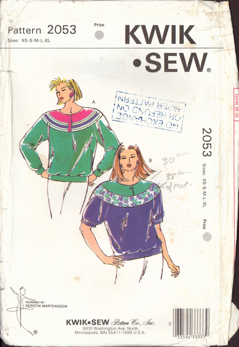 Kwik Sew 2053 Sewing Pattern Top XS-S-M-L-XL Uncut Factory Folded ...