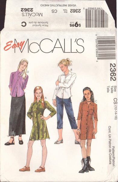 McCall's 2362 Sewing Pattern, Girls' Dress or Shirt, Capri Pants and Skirt, Size 12-14-16, PARTIALLY CUT, COMPLETE