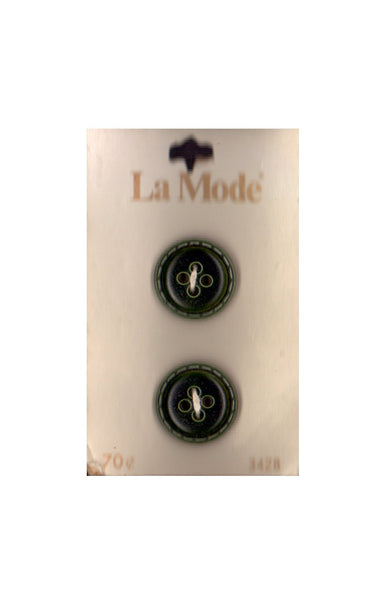 Vintage La Mode 19 mm (3/4 inch) Carded Green 4-Hole Buttons Two Pieces