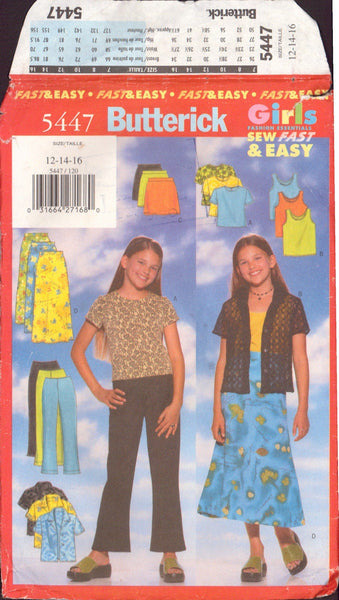 Butterick 5447 Sewing Pattern, Girls' Shirt, Pants, Top and Skirt, Size 12-14-16, CUT, COMPLETE