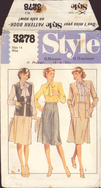 Style 3278 Sewing Pattern, Women's Lined Cardigan, Blouse and Skirt 14, cut, INCOMPLETE or Size 14, cut, COMPLETE