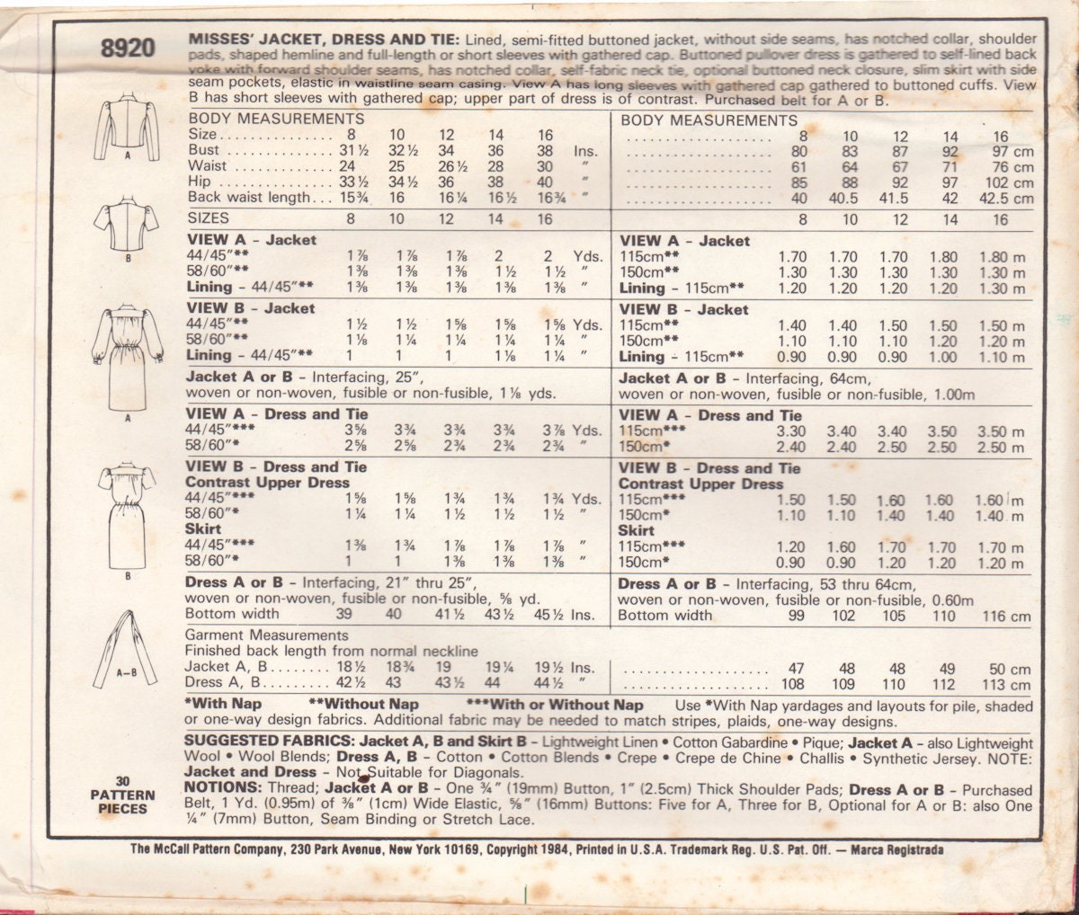 McCall's 8920 Sewing Pattern, Jacket, Dress and Tie, Size 12, Uncut, F ...