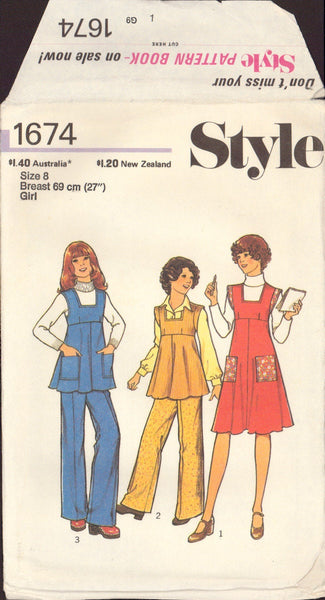 Style 1674 Sewing Pattern, Girls'  Pinafore or Top and Trousers, Size 8, PARTIALLY CUT, COMPLETE