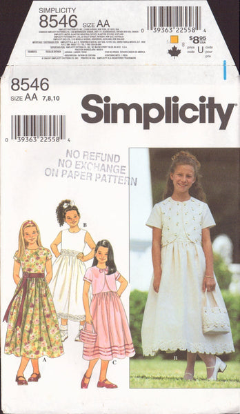 Simplicity 8546 Sewing Pattern, Girls' Jacket, Dress and Bag, Size 7-8, PARTIALLY CUT, COMPLETE