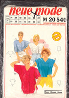 Neue Mode 20540 V-Neckline Blouse with Sleeve Variations, Uncut, Factory Folded Sewing Pattern Multi Size 10-20