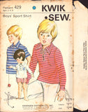 Kwik Sew 429 Boys' Sports Shirts with Lace Up Collar and Long or Short Sleeves, Uncut, Factory Folded, Sewing Pattern Multi Size 2-6