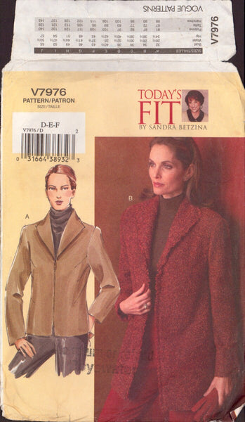 Vogue 7976 Sewing Pattern, Women's Jacket, Size D-E-F, CUT, COMPLETE
