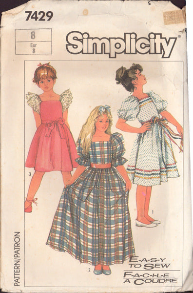 Simplicity 7429 Sewing Pattern, Girls' 2-Lenght Dress, Size 8, cut, INCOMPLETE