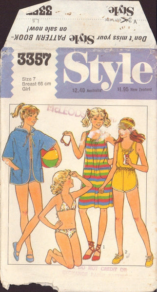 Style 3357 Sewing Pattern, Girls' Short Dress or Top, Shorts, Robe and Bikini, Size 7, CUT, COMPLETE