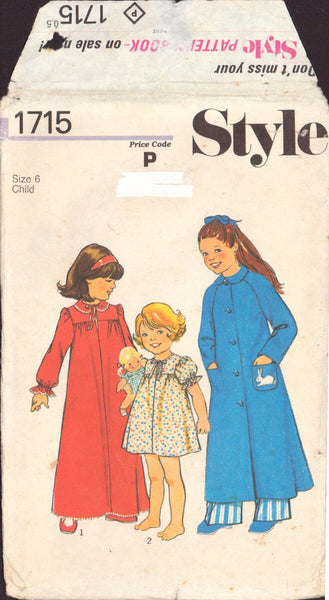 Style 1715 Sewing Pattern, Child's Nightdress and Dressing Gown, Size 6, Uncut, Factory Folded