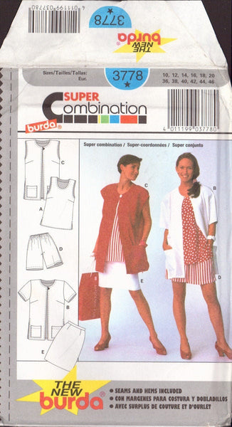 Burda 3778 Sewing Pattern Sleeveless Top, Tunic, Vest, Jacket, Shorts, Pencil Skirt, Size 10-20, Uncut, Factory Folded