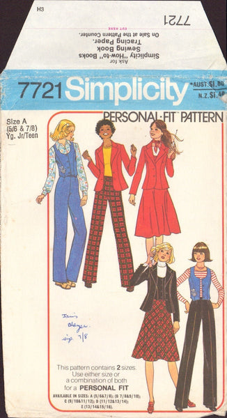 Simplicity 7721 Sewing Pattern, Teen's Jacket, Vest, Bias Skirt and Pants, Size 5/6 and 7/8, PARTIALLY CUT, COMPLETE