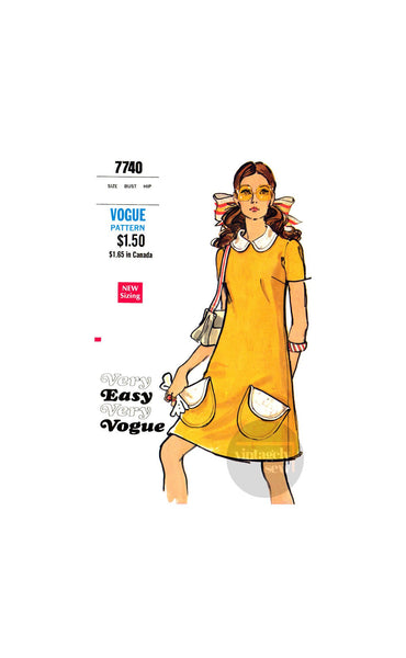 70s A-Line Dress with Peter Pan Collar and Large Pockets, Bust 32.5" (83 cm) or 34" (87 cm) Vogue 7740, Vintage Sewing Pattern Reproduction