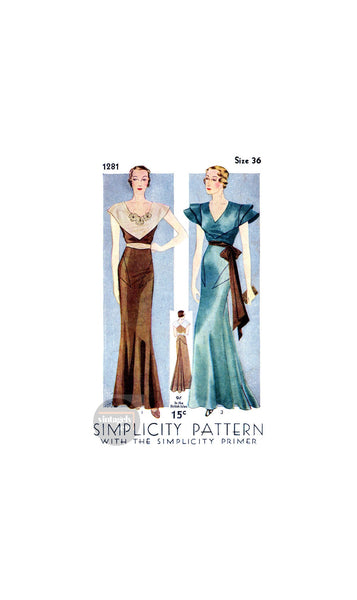 30s Evening Dress with Belt in Three Styles, Bust 36" (92 cm), Simplicity 1281, Vintage Sewing Pattern Reproduction
