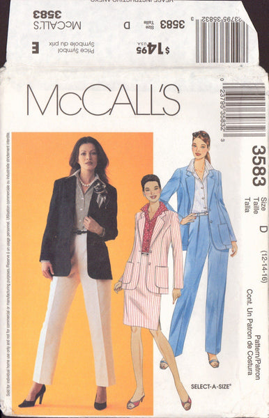 McCall's 3583 Sewing Pattern, Jacket, Shirt, Pants and Skirt, Size 12-14-16, Uncut, Factory Folded