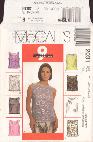 McCall's 2031 Sewing Pattern Tops, Size XS, S, M, CUT, COMPLETE