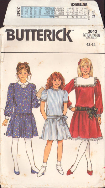 Butterick 3042 Sewing Pattern, Girls' Dress, Size 12-14, PARTIALLY CUT, COMPLETE