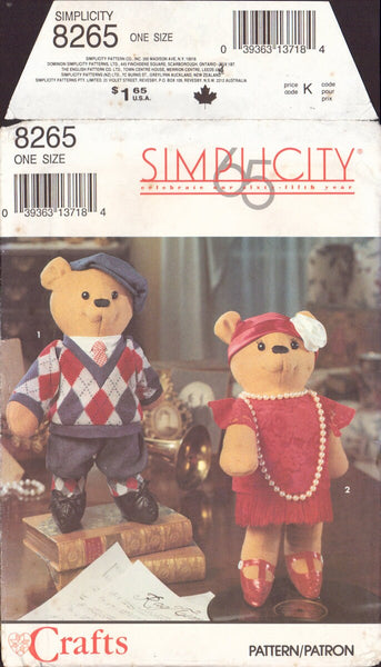 Simplicity 8265 Sewing Pattern, Decorative Bears and Clothes, One Size, Uncut, Factory Folded