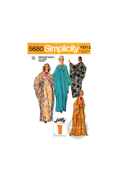 70s Easy Caftan with High Round Neckline, One Size Proportioned to Height, Simplicity 5680, Vintage Sewing Pattern Reproduction