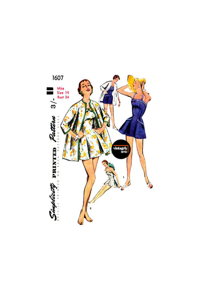 50s Skirted Bathing Suit and Coat, Bust 34" (87 cm) Simplicity 1607, Vintage Sewing Pattern Reproduction