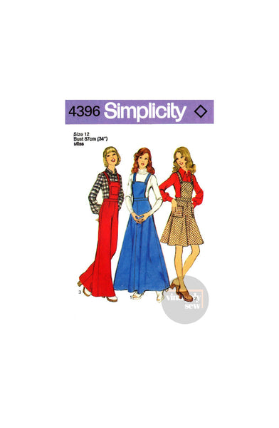 70s Boho Pinafore Dress in Two Lengths and Flared Dungarees, Bust 34 (87 cm), Simplicity 4396, Sewing Pattern Reproduction