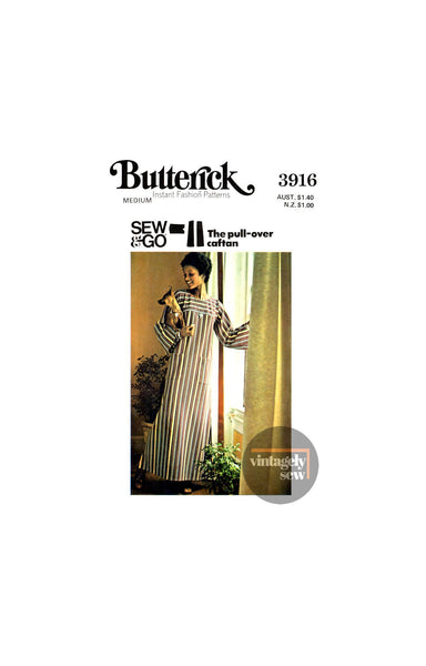 70s A-Line Evening Length Caftan with Long Sleeves, Bust 34-36" (87-92 cm) Butterick 3916, Vintage Sewing Pattern Reproduction