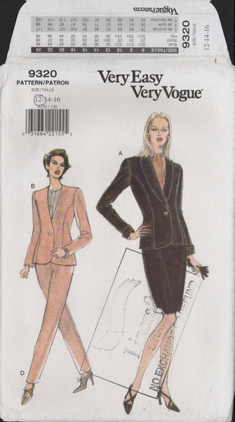 Vogue 9320 Sewing Pattern, Women's Jacket, Skirt And Pants, Size 12-16, Uncut, Factory Folded