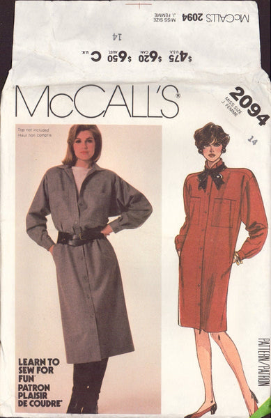 McCall's 2094 Sewing Pattern, Coat-Dress, Size 14, Cut, INCOMPLETE