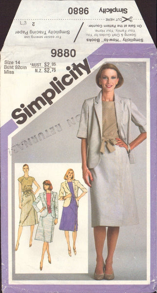 Simplicity 9880 Sewing Pattern, Slim Skirt, Pullover Top and Sash and Unlined Jacket, Size 14, Cut, Complete