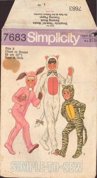 Simplicity 7683 Sewing Pattern, Children's Animal Costumes, Size 8, Partially Cut, Complete