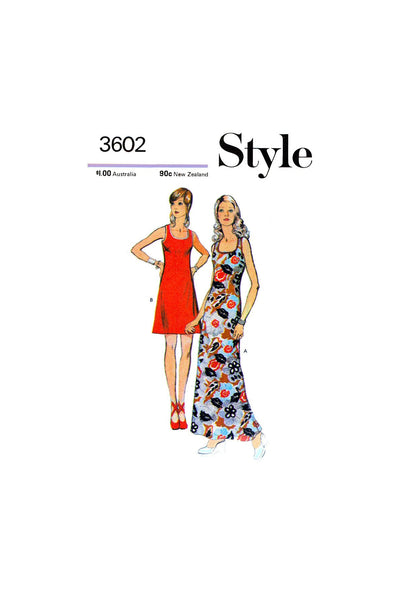 70s Sleeveless Dress in Two Lengths with Bust Darts, Bust 34" (87 cm), Style 3602, Sewing Pattern Reproduction