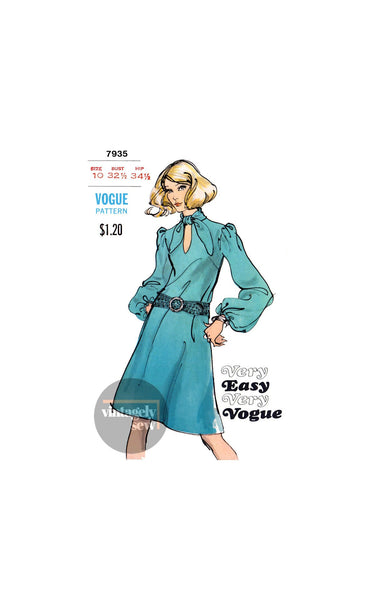 70s A-Line Dress with Bishop Sleeves, Keyhole and Tie Neckline, Bust 32.5" (83 cm) Vogue 7935, Vintage Sewing Pattern Reproduction