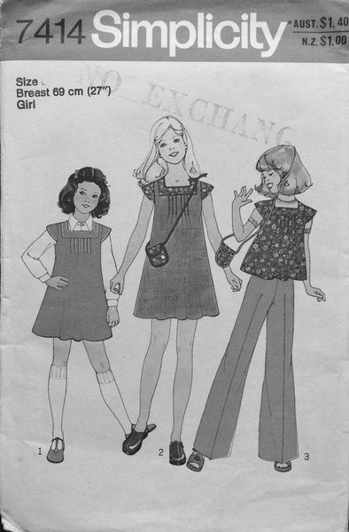 Simplicity 7414 Sewing Pattern, Girls' Dress or Top, Pants and Bag, Size 10, Uncut, Factory Folded