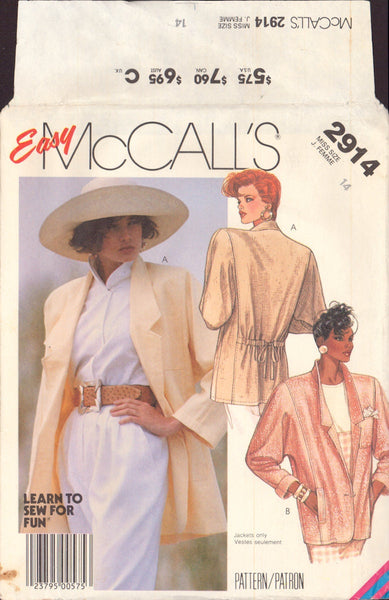 McCall's 2914 Sewing Patterns, Unlined Jacket. Size 14, Cut, Complete