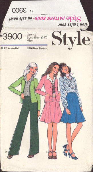 Style 3900 Sewing Pattern, Teen's and Women's Cardigan, Skirt, Blouse and Trousers, Size 12, Partially Cut, Complete