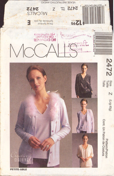McCall's 2472 Sewing Pattern, Women's Cardigan and Top, Size Lrg-Xlg, Uncut, Factory Folded
