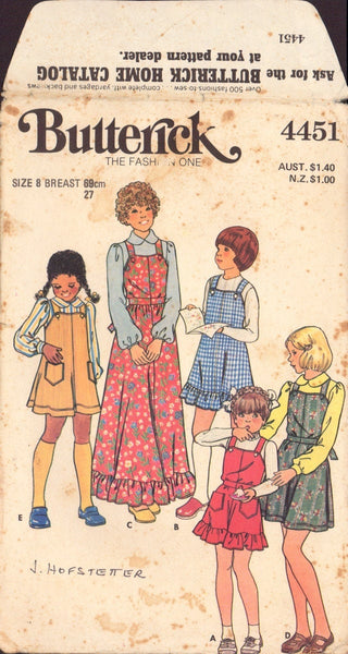 Butterick 4451 Sewing Pattern, Children's Jumper, Size 8, Uncut, Factory Folded