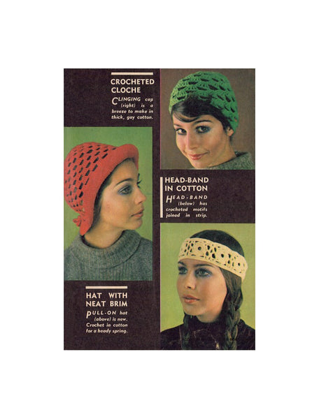 Crocheted Cloche, Cotton Head-Band and Brimmed Hat Vintage Early 70s Headwear Patterns Instant Download PDF 2.5 pages