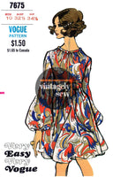 60s Front Slit Dress, Flared Skirt and Bishop Sleeves, Bust 31.5" (80 cm) or 32.5" (83 cm) Vogue 7675, Vintage Sewing Pattern Reproduction