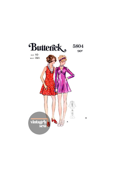 70s High Fitting, V-Neckline, Flared Dress in Two Lengths, Bust 32.5" (83 cm), Butterick 5804, Vintage Sewing Pattern Reproduction