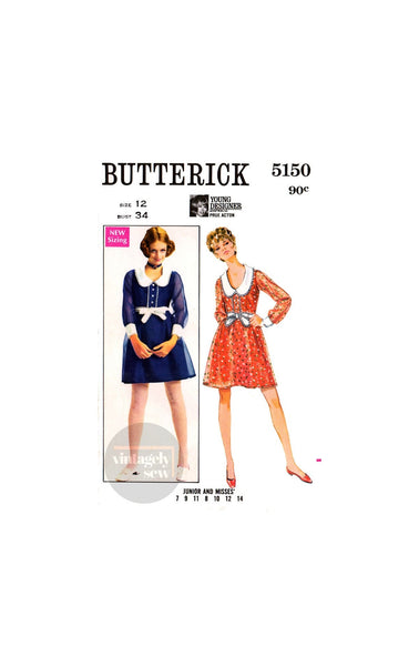 60s Babydoll Dress with U-Neckline, Contrast Collar and Belt, Bust 34" (87 cm), Butterick 5150, Vintage Sewing Pattern Reproduction