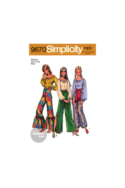 70s Bishop Sleeve Blouse and Set of Pants in Three Styles, Bust 34-36" (87-92 cm) Simplicity 9670, Vintage Sewing Pattern Reproduction