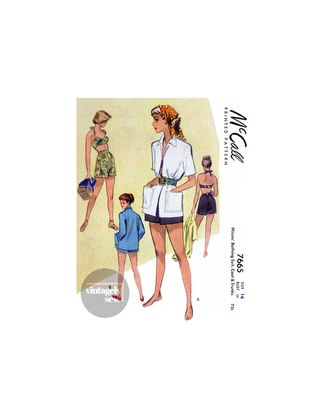 40s Bathing Suit, Coat and Trunks, Bust 34" Waist 28" Hip 37", McCall 7665, Vintage Sewing Pattern Reproduction