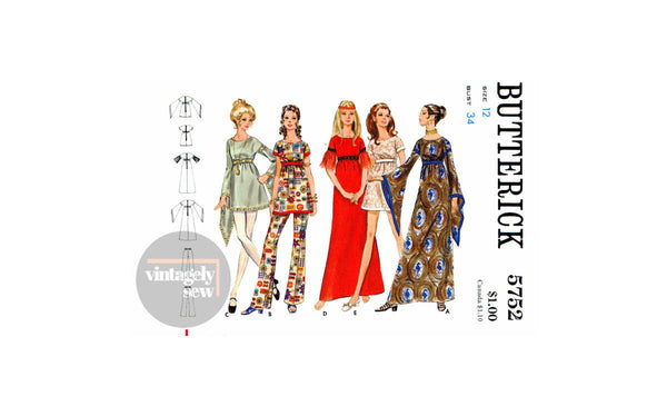 60s Micro Mini or Floor Length Dress and Tunic with Pants, Bust 34" (87 cm), Butterick 5752, Vintage Sewing Pattern Reproduction